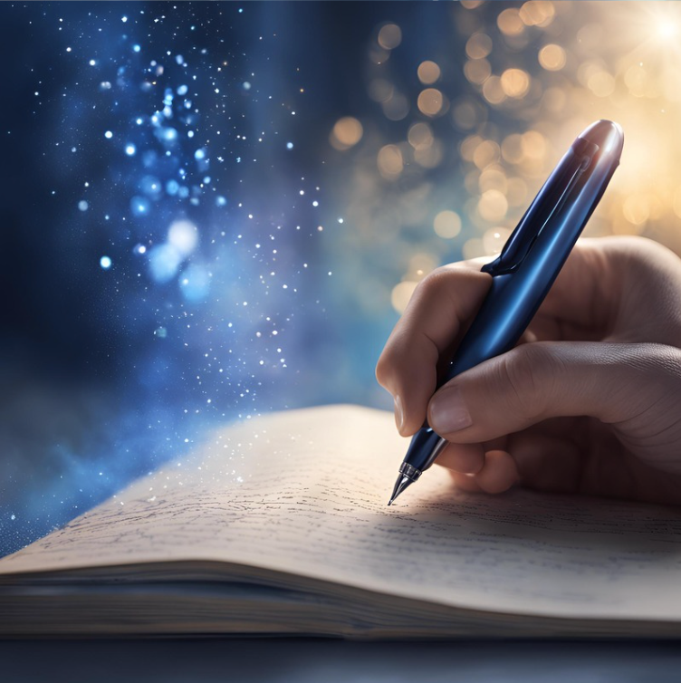 Zauberhand, Zauberstift, magische Schrift, Magie, Inspiration, blau goldenes Licht, weibliche Hand mit Stift, Schrift mit Magie, blauer magischer Stift, altes Papier, magisches Papier